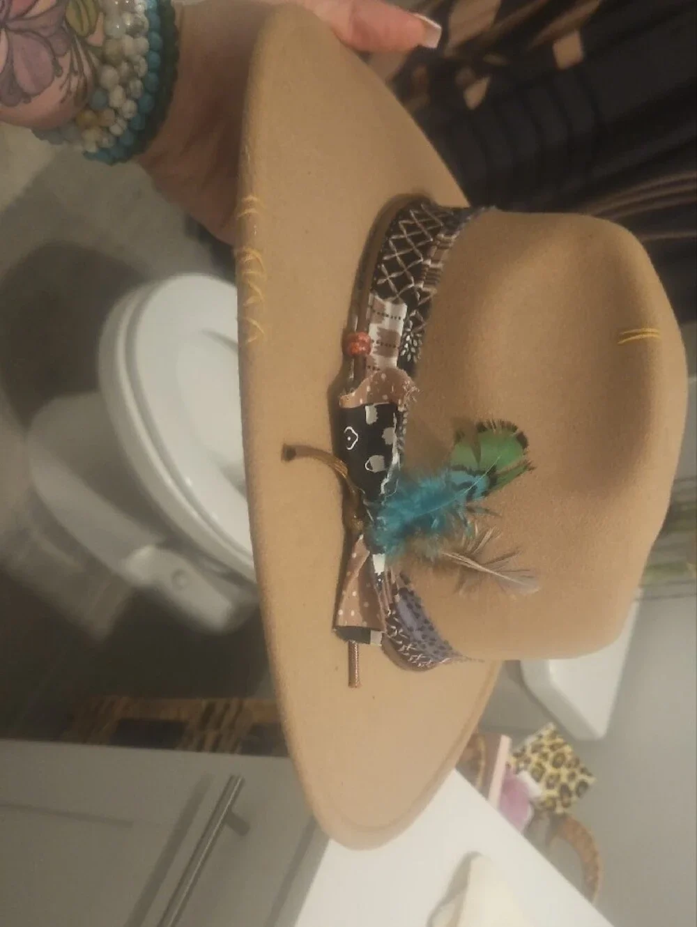 Women's Tan Felt Fedora Hat with Decorative Band and Feathers